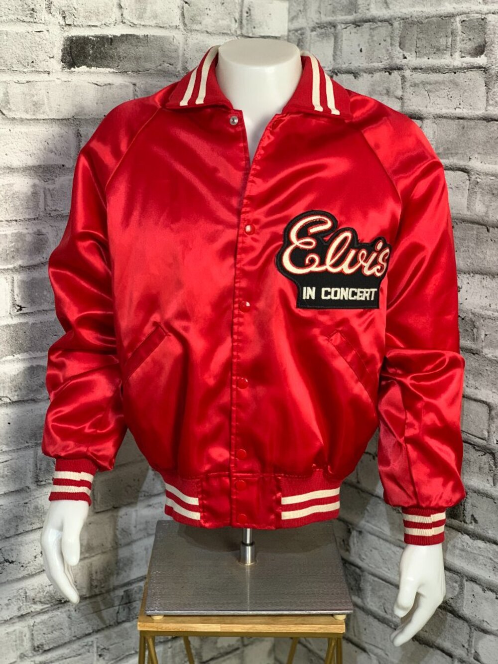 Vintage 70s Elvis In Concert Road Crew Tour Red Satin Bomber Jacket Retro Coat